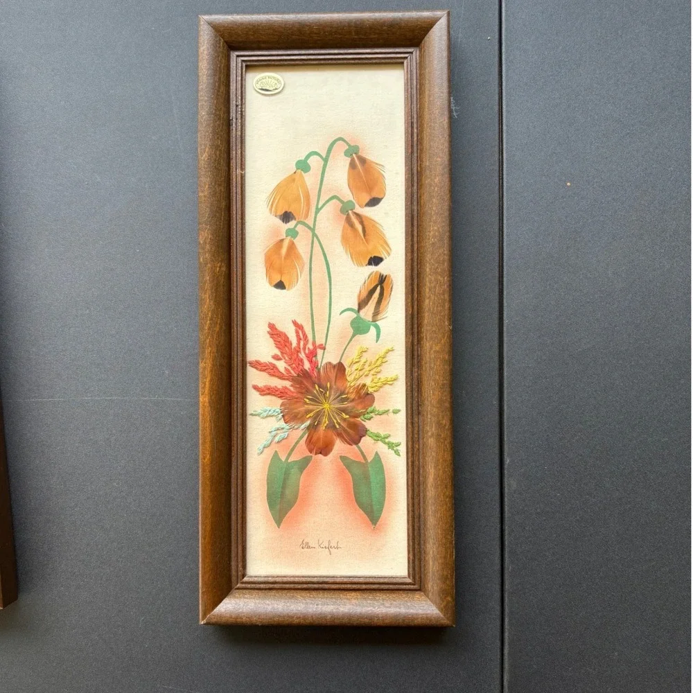 Vintage Ellen Kiefert Prairie Pictures Feather Art Floral Framed Set of 2 MCM